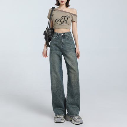 American Style Retro Old High Waist Straight Jeans Women's 2025 Spring New Loose Slim-Fit Pants