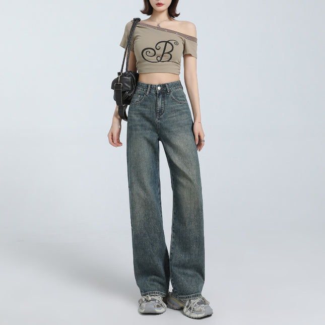 American Style Retro Old High Waist Straight Jeans Women's 2025 Spring New Loose Slim-Fit Pants