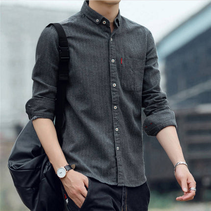 Shirt Men's Long-sleeved fleece-lined Thickened Korean Style Slim-fit Striped Scrub Men's Shirt Autumn Casual Trendy Coat