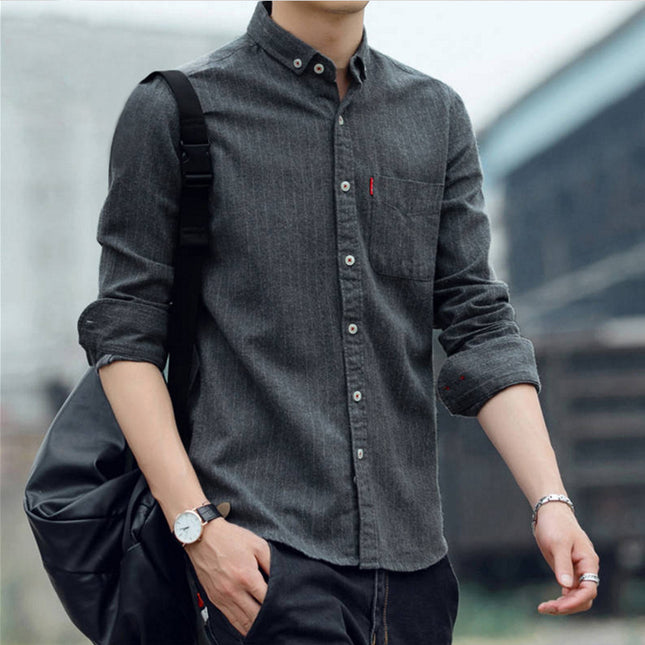 Shirt Men's Long-sleeved fleece-lined Thickened Korean Style Slim-fit Striped Scrub Men's Shirt Autumn Casual Trendy Coat
