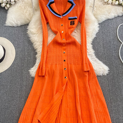 Cross-Border Aliexpress New Color-Blocked Lapel Knitted Dress Embroidered French-Style Long Dress Waist-Cinching Slimming Sweater Dress for Women