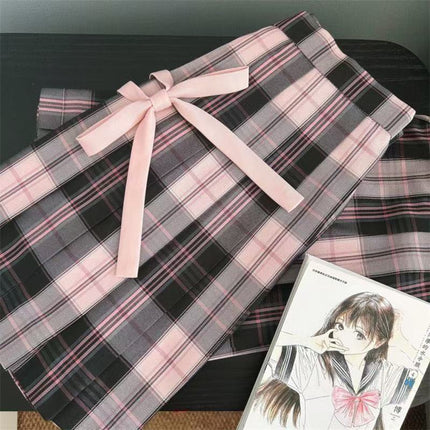 Original JK uniform [pink fog sea] autumn and winter black pink plaid skirt sweet cool hot girl student Japanese college style skirt