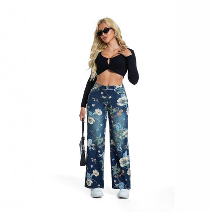 Printed Blue Denim Wide-Leg Pants 2025 Autumn New Thin Straight Long Vintage Pants Floor-Length Pants Women's Clothing
