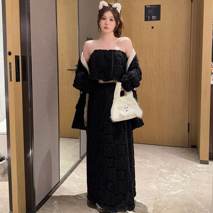 Q3190-3, jacquard coral fleece pajamas small tube-length apron robe three-piece suit autumn and winter warm home
