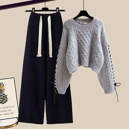 plus size Women's Autumn and Winter suit Women's 2024 New Pullover Knitted Sweater Women's Loose Slimming Wide Leg Pants Two-piece Set