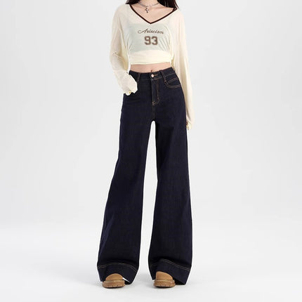 Tannin Blue Straight Micro Jeans Women's Trendy All-match New High Waist Stretch Slim-fit Wide-leg Long Pants