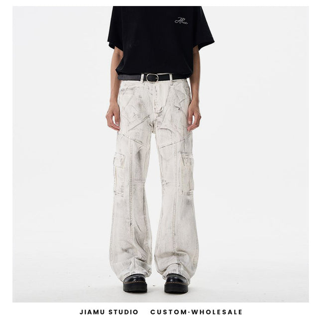 Jiamu Patchwork Dirty American High Street Baggy White Loose Wide-Leg Casual Pants Unisex Straight-Leg Flared Pants
