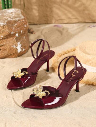 Casual One-Line Strap 2025 Summer New Metal Flower Sexy Open-Toe Women's Stiletto High-Heeled Casual Sandals