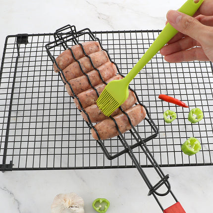 Removable sausage barbecue net wooden handle hot dog barbecue BBQ non-stick barbecue clip outdoor fire sausage barbecue net