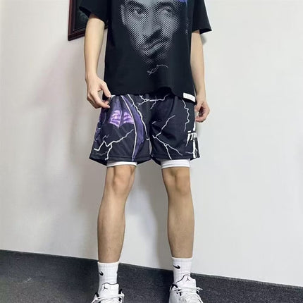 Men's American-Style Shorts with Lightning Bolt Design, Trendy Basketball Sports Shorts, Knee-Length Running Fitness Casual Pants