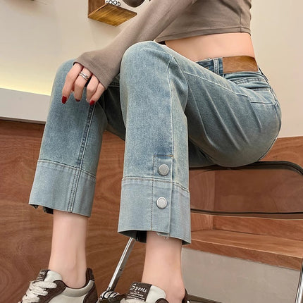 light blue Narrow Smoke Tube Jeans Women's Fashionable All-match High Waist Meat Covering Slimming Flap Cropped Straight Pants