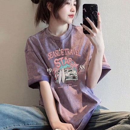 Washed Distressed Pure Cotton Short-Sleeved T-Shirt for Women Ins Trendy Loose Retro Large Size Slim Couple Half-Sleeved Top Summer