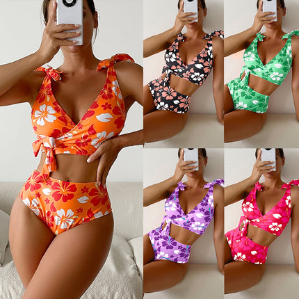 2025 New European and American Style Aliexpress Bikini Tie-Up Printed Backless High-Waisted Sexy Bikini Swimsuit for Women