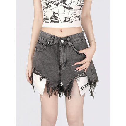 Actual Shot 2025!! Design Hollow Black and Gray Hot Girl Distressed Washed Denim Shorts Hot Pants Women's Trend