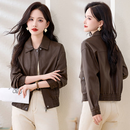 2025 Spring and Autumn New Vegetable Tanned Sheepskin Real Leather Women's Short American Style Retro Motorcycle Aviator Jacket Coat