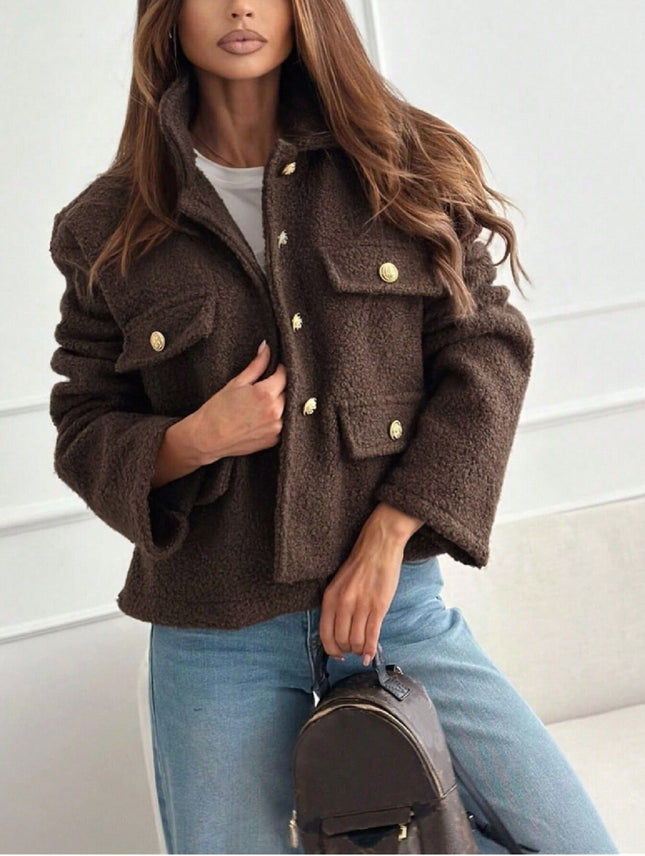2025 European and American Aliexpress Amazon Autumn Cross-Border New Fashion Solid Color Lapel Button Decorative Plush Jacket