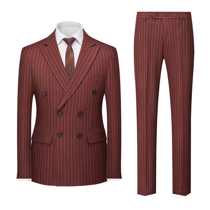 2025 Double-Breasted Striped New Men's Foreign Trade Amazon Suit Two-Piece Set Men's Double-Slit Suit Set