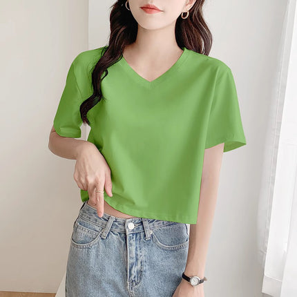 Bright Red V-Neck Short T-Shirt for Women, Summer Loose Short-Sleeve Versatile Petite High-Waisted Crop Top Base Layer