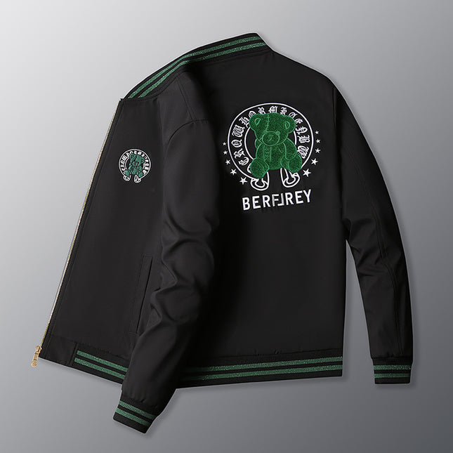 European Station 2022 Youth Spring and Autumn Green Bear Embroidered Jacket Baseball Collar Fashion Men's Jacket