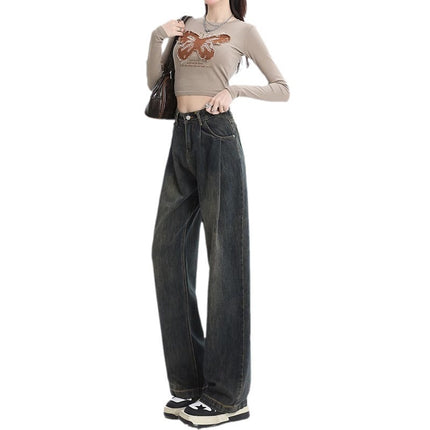 Cement Grey Wide Leg Jeans Women's Spring and Autumn Fashion All-match New High Waist Slimming Pleated Casual Floor Trousers