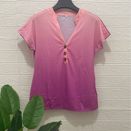 European and American Cross-Border 2024 Export Spring and Summer New Products Amazon Wish Gradient Printed Twist Button Fashion Short-Sleeved T-Shirt for Women
