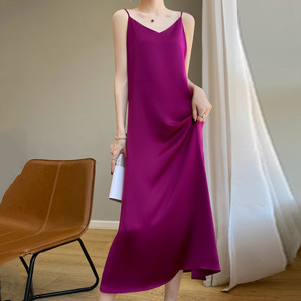 Simulated Silk Satin Suspender Dress for Women in Spring and Summer with Suit Acetate French Mid-length Design Niche Trend