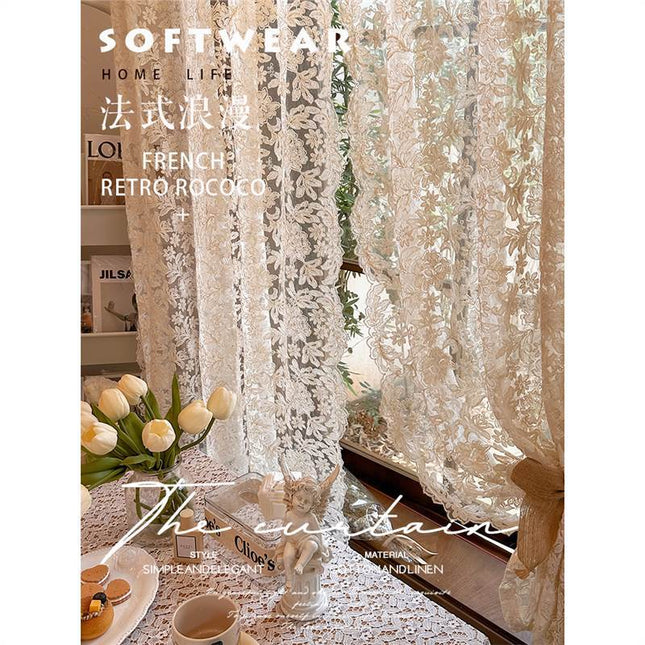 French-Style Retro Palace Lace Embroidery Cream Sheer Curtain for Bay Window, Light-Transmitting, No-Drill Partition Half Curtain Door Curtain