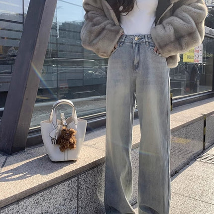 Light color high waist straight tube wide leg jeans women 2024 autumn and winter new fleece-lined thickened loose plus size straight tube mop floor