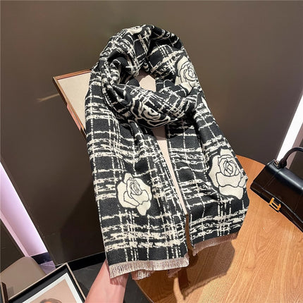 Xiaoxiang Camellia Light Luxury Scarf Women's Winter New Double-sided Cashmere Plaid Shawl Warm Scarf