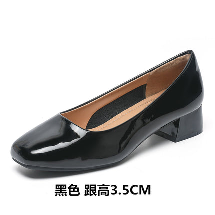 Work Shoes Women's Black Long-standing Not Tired Feet Summer Patent Leather Soft-soled Comfortable Work Professional Middle Heel Thick Heel Single-layer Shoes Women
