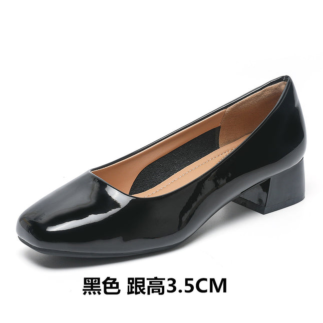 Work Shoes Women's Black Long-standing Not Tired Feet Summer Patent Leather Soft-soled Comfortable Work Professional Middle Heel Thick Heel Single-layer Shoes Women