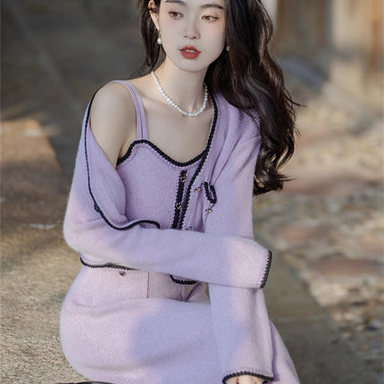This year's popular purple sweater tea tea gas two-piece suit high-end sense small fragrance sling dress autumn and winter