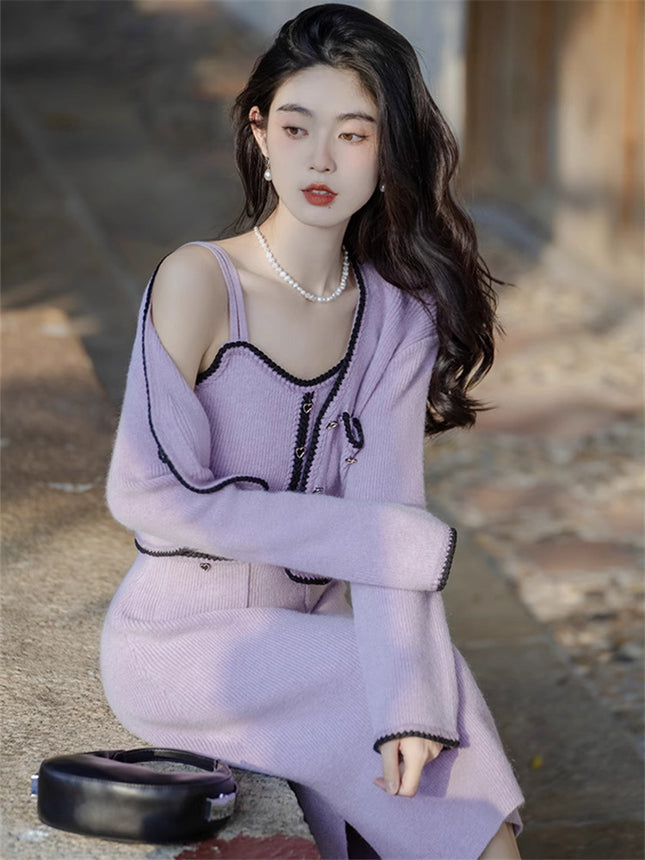 This year's popular purple sweater tea tea gas two-piece suit high-end sense small fragrance sling dress autumn and winter