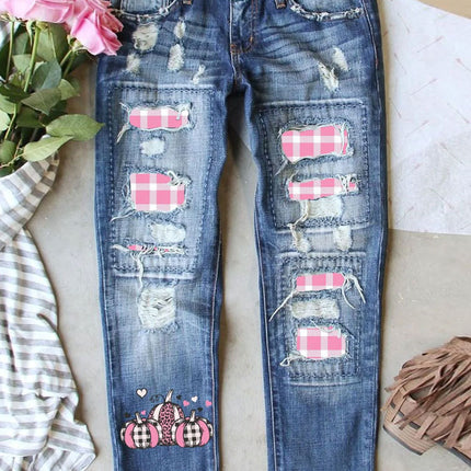 Cross-Border Amazon Hot-Selling European and American Women's Ripped Printed Patch Jeans Mid-Waist Straight Pants in Stock