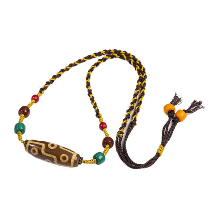Natural Yellow Nine-Eyed Dzi Bead Necklace, Taiwanese Agate Pendant, Men's and Women's Couple's Braided Necklace, Ready for Sale