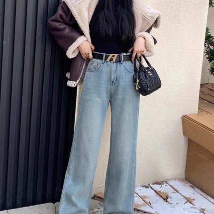 Stretch Straight Jeans Women's 2025 Spring New V Pattern High Waist Loose Slimming Wide Leg Floor Pants