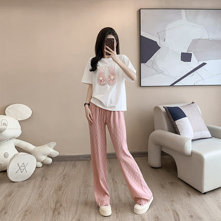 2024 Summer TikTok Explosions High-end Embroidered Beads Handmade Bead T-Shirt Women's Floating Embroidered Pants Women