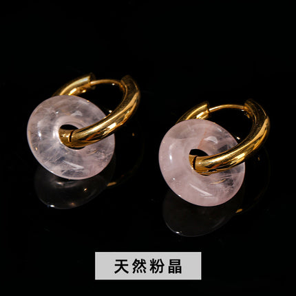 Jingdong jewelry fashion high-grade earrings wholesale natural green Dongling pink crystal bread ring titanium steel gold-plated earrings