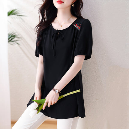Plus-Size Women's Fashionable Embroidered Chiffon T-Shirt for Chubby Moms, Stylish and Concealing Belly Fat, Eye-Catching Top