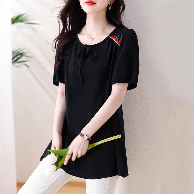 Plus-Size Women's Fashionable Embroidered Chiffon T-Shirt for Chubby Moms, Stylish and Concealing Belly Fat, Eye-Catching Top