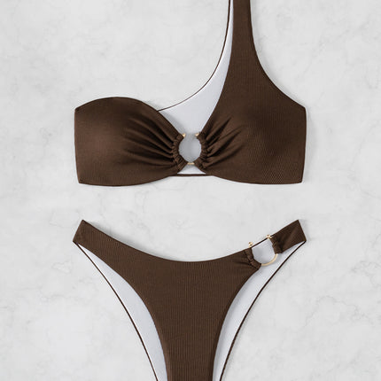 Billion Swimming 2024 New Sexy Shoulder Push-up Split Bikini Cross-border European and American Solid Color Swimwear for Women