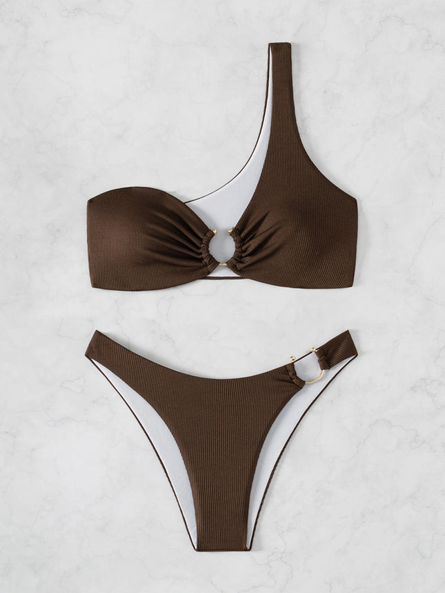 Billion Swimming 2024 New Sexy Shoulder Push-up Split Bikini Cross-border European and American Solid Color Swimwear for Women