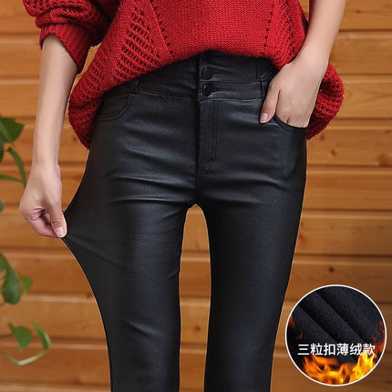Windproof Leather Pants for Women 2025 Autumn and Winter New Style Fleece-Lined Thickeneded High-Waist Coated Leggings for Women to Wear Slimming Look Pants