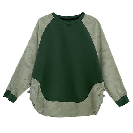 Real Shot of Green New Chinoiserie Jacquard Thin Sweatshirt for Women Spring and Autum Loose Large Size Fat mm Women's Splicing Top