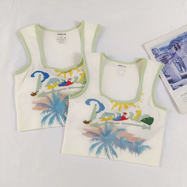 Printed Yoga Vest with Chest Pad Fixed Cup Covering Parm High Strength Elastic Sports Vest Slimming Fitness Running