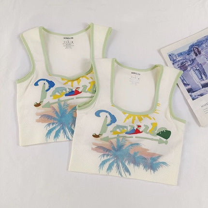 Printed Yoga Vest with Chest Pad Fixed Cup Covering Parm High Strength Elastic Sports Vest Slimming Fitness Running