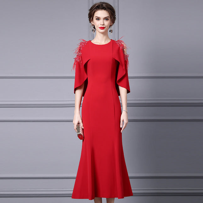 Zhili Red dress plus size Women's chubby girl Belly Covering Light Luxury High-end Important Occasion Shoulder Dress
