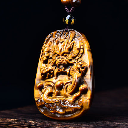 Live Supply of Natural Tiger Eye Stone Pendant Dragon Brand Pendant Finely Carved Men's Pendant Dragon Brand Rope Style Animal Year