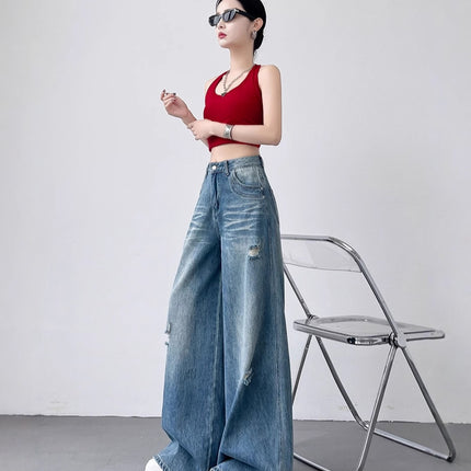 Spring New Retro Washed Ripped Denim Wide-Leg Pants for Women, Loose Slimming Straight-Leg Casual Pants, Floor-Length Pants