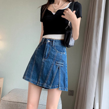 Split Denim Short Skirt Women's Skirt Pants 2024 Summer New Slimming High Waist A- Line Pants Skirt with Lining Half-length Skirt